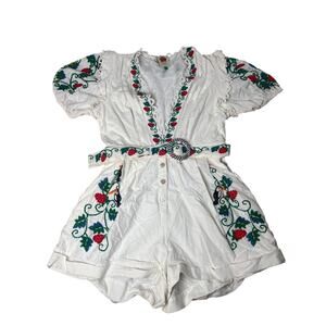 Farm Rio Cross Stitch Tucan Embroidery Romper Women Size Large
